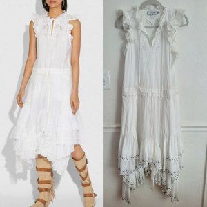 𝅺coach Ruffle Prairie Midi Dress With Studs White Sz 4 Cotton Linen Blend $1024